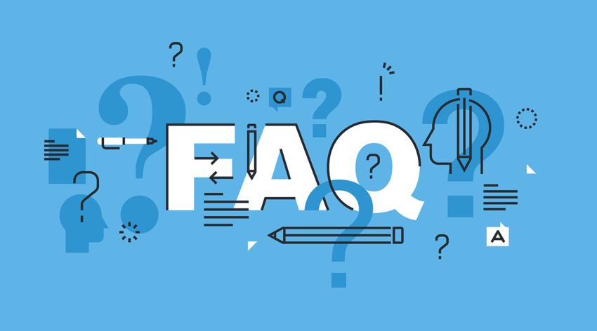 Illustration that says "FAQ" with drawings of pens, pencils, and question marks