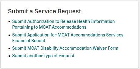 MCAT Accommodations Online System Service Request Screen