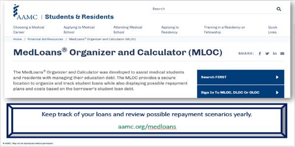 A computer screenshot of the MedLoans Organizer and Calculator 