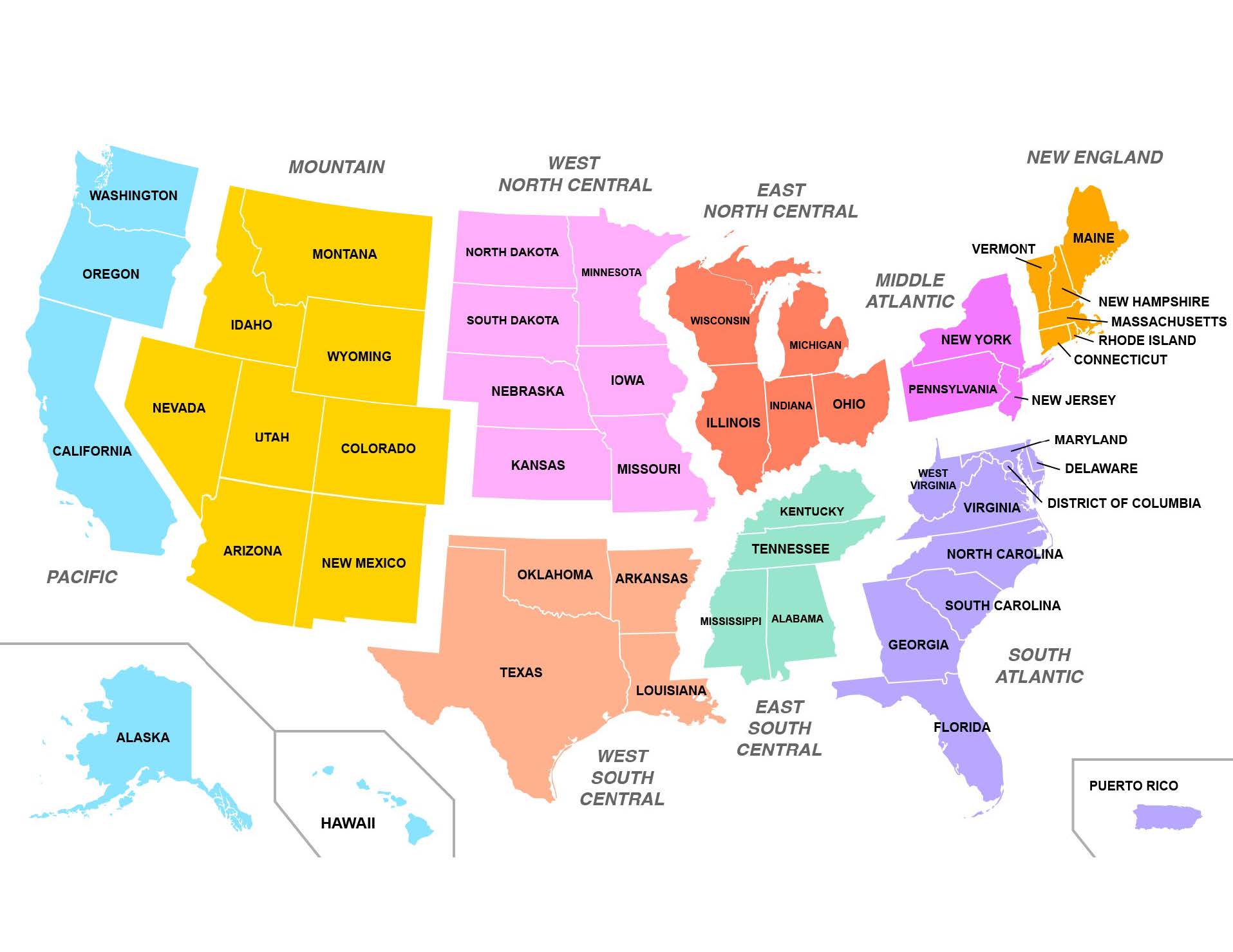 A map of the United States broken into geographic divisions
