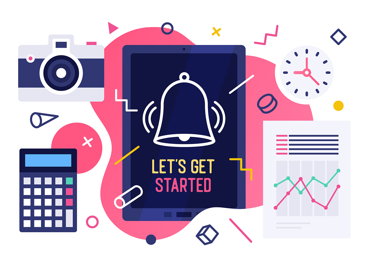 An illustration of a camera, clock, and calculator and the words "Let's Get Started"