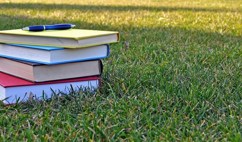 stack of books on a wide campus lawn