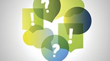 Question marks and exclamation points are pictured inside of colored speech bubbles.