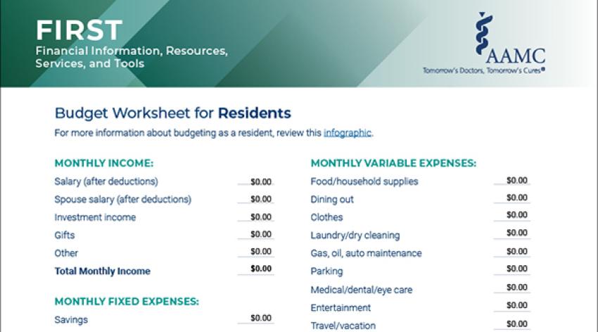 Budget Worksheet for Medical School Residents