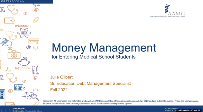 Title card that says Money Management for Entering Medical School Students